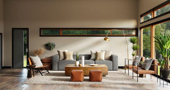 Salón cálido con grandes ventanales